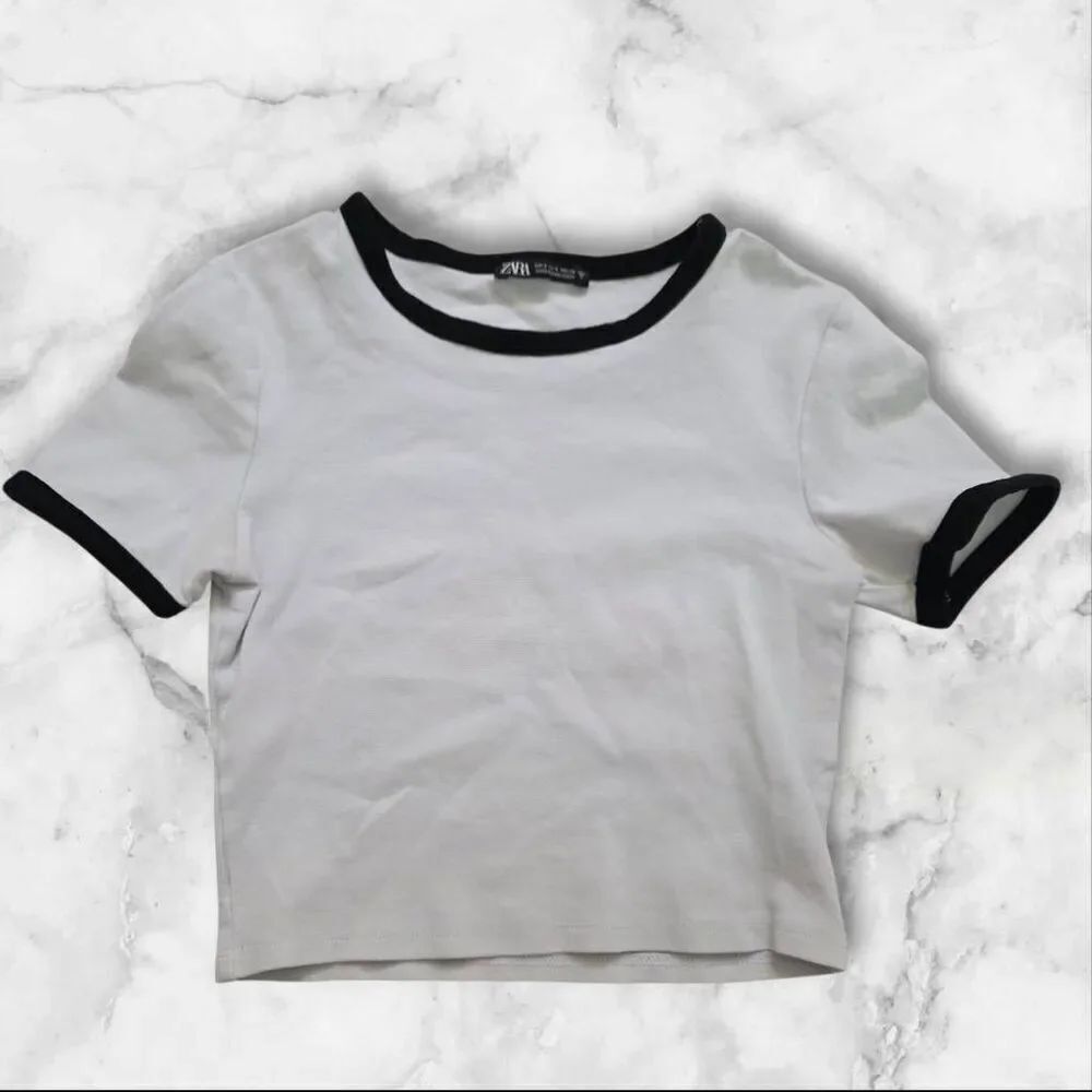 Zara White & Black Ringer Cropped Short Sleeve Tee Shirt Size Small